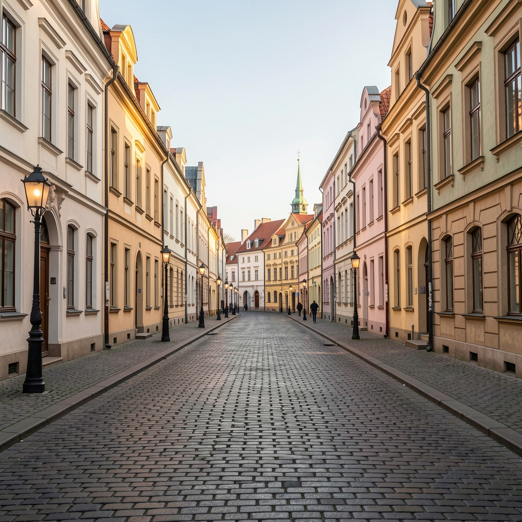 Ulica Długi Targ w Gdańsku widziana w spokojnym porannym świetle