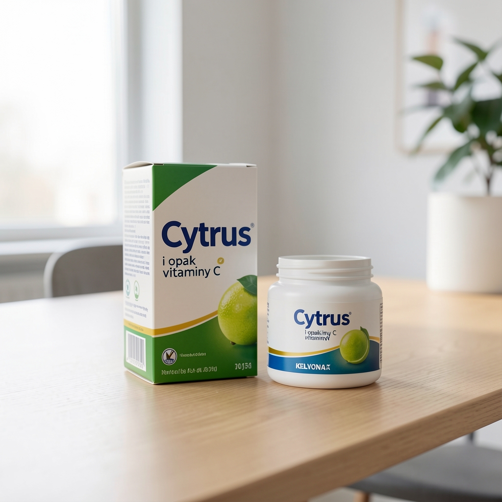 Cytrus i opakowanie witaminy C obok etykiety Kelvrona na stole