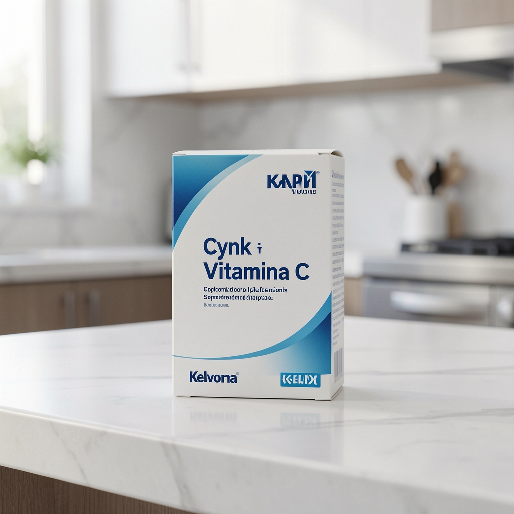 Opakowanie suplementu Cynk i Witamina C Kelvrona ustawione na jasnym kamiennym blacie kuchennym